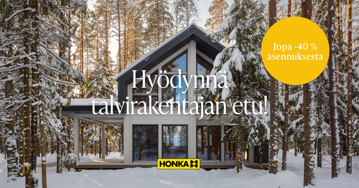 Luminen talo metsän keskellä lumisessa maisemassa, markkinointitekstillä ja Honka-logo.