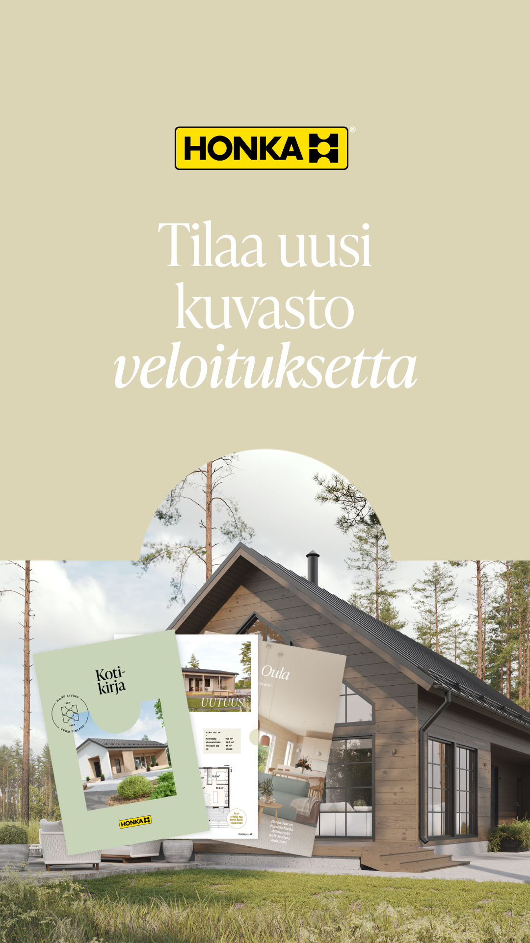 Mainos kuvastosta ja rakennuksesta, jossa isossa lumisessa ja metsikköisessä ympäristössä on moderni talo.