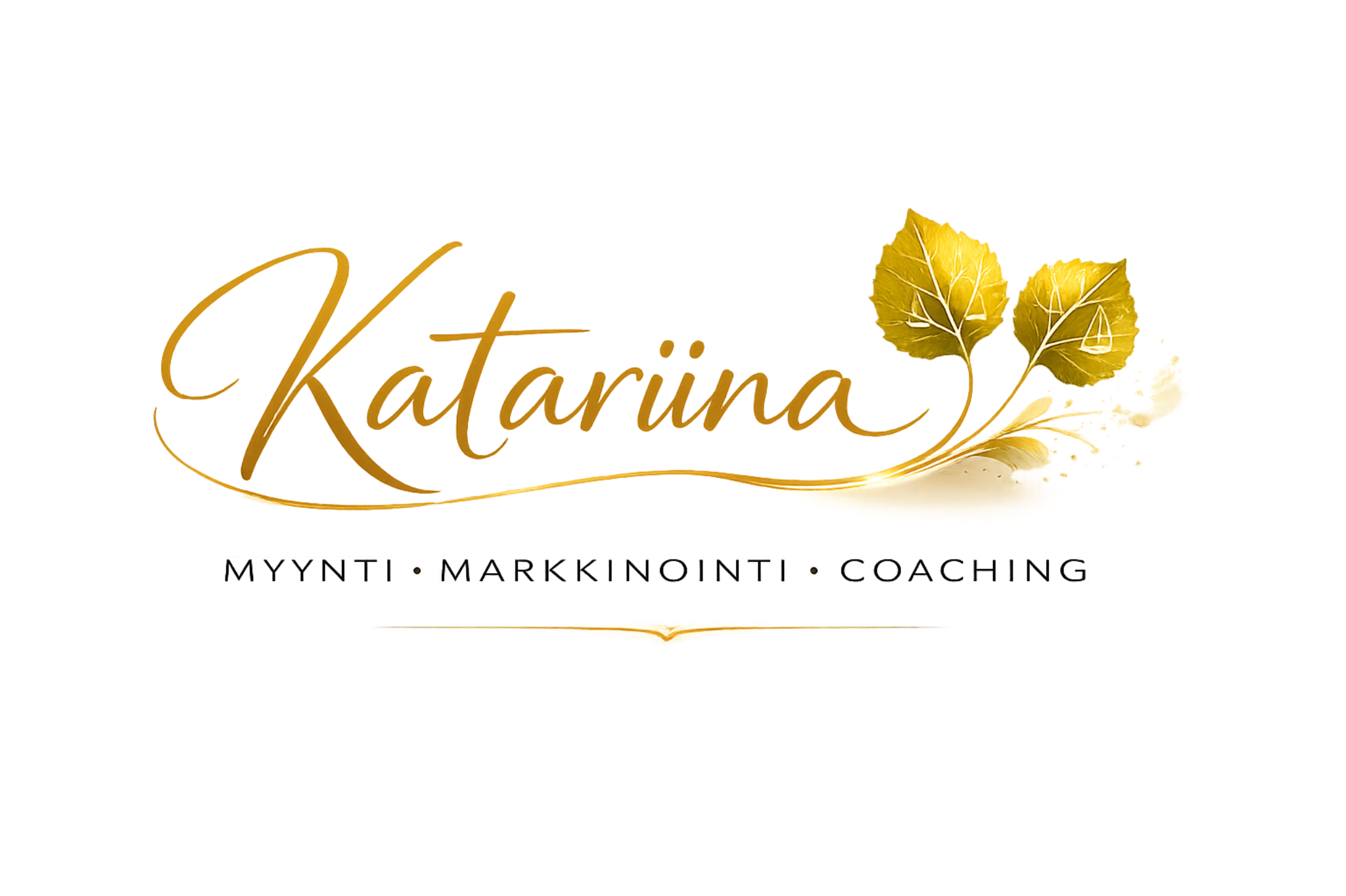 Katalina logo, jossa keltaisia lehtiä ja kultaisia tekstejä, sekä tekstit "Myynti, Markkinointi, Coaching".