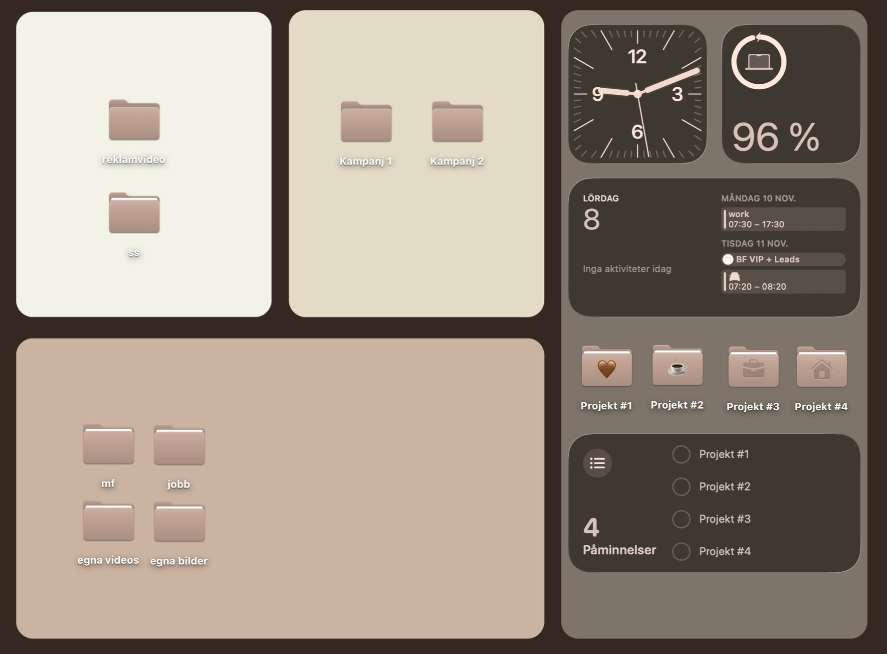 En digital skrivbordsbakgrund med mappar, klocka, statistik, kalender och påminnelser i ett pastellfärgat tema.