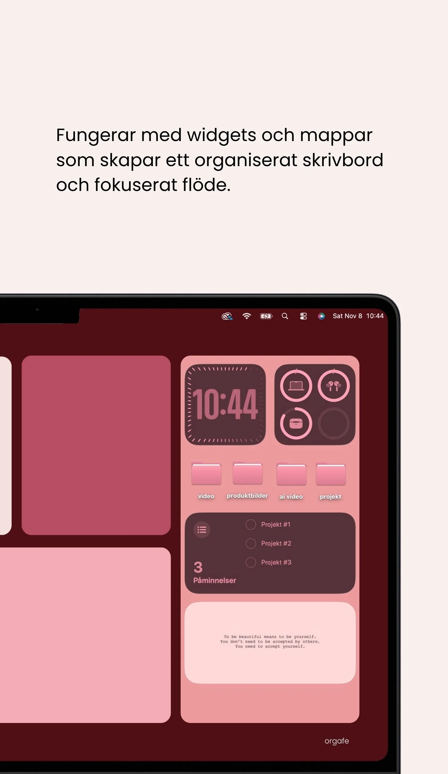 Bild av en digital skrivbordswidget som visar tiden 10:44, tre mappar märkta video, produktbilder och ai video samt en lista över projekt med påminnelser.