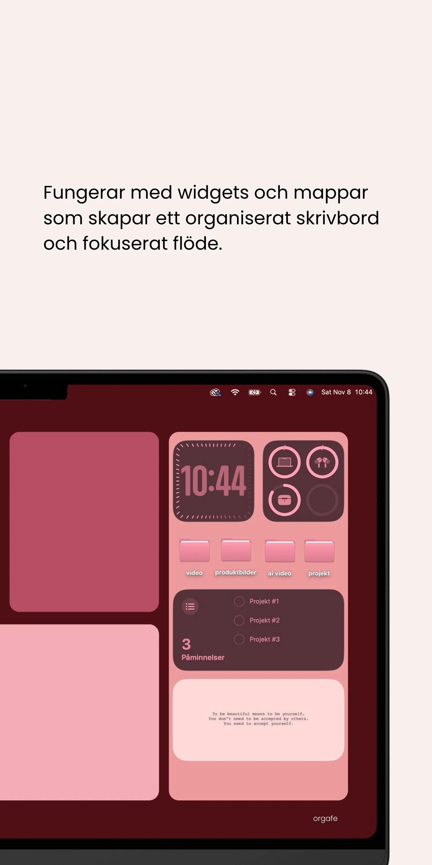 Skärmdump av en digital startskärm på en enhet med widgetar, mappar och fokuserat flöde på en rosa tema.