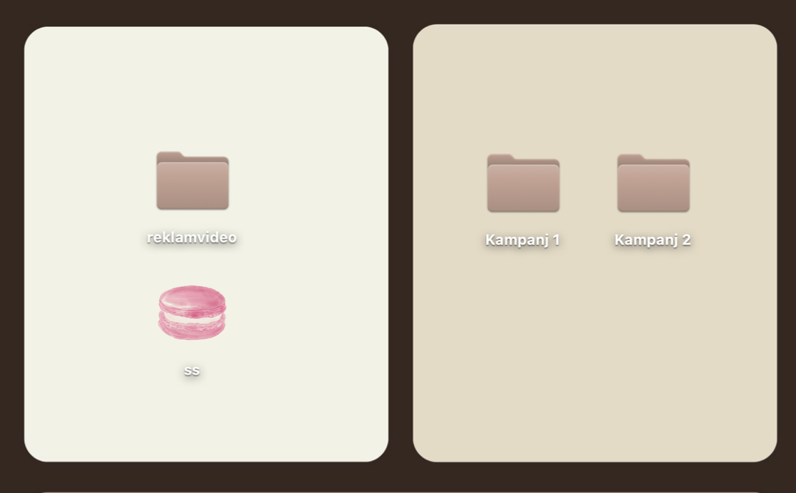 En datorskärm visar två mappar. Den vänstra mappen heter "reklamvideo" och har en ikon med ett rosa makaronliknande objekt under. Den högra mappen heter "Kampanj 1" och "Kampanj 2".