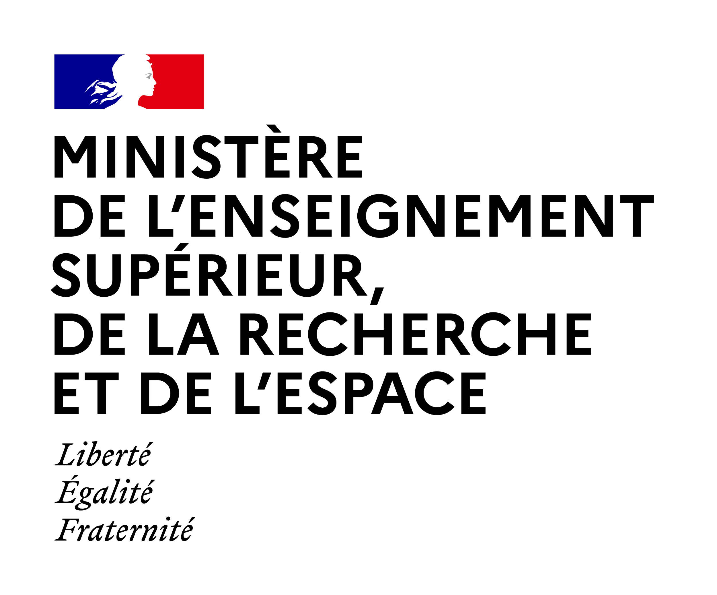 Logo du ministère de l'Éducation nationale française avec silhouettes et drapeau tricolore, texte indiquant le ministère, avec les mots 'Liberté, Égalité, Fraternité' en dessous.