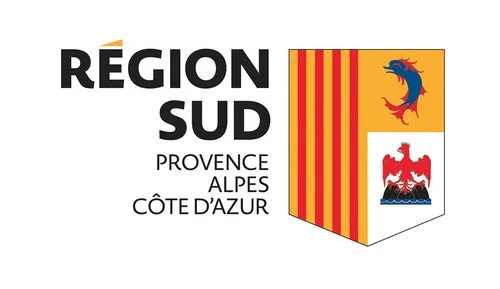 Logo de la région sud de la Provence-Alpes-Côte d'Azur avec écussons et texte descriptif.