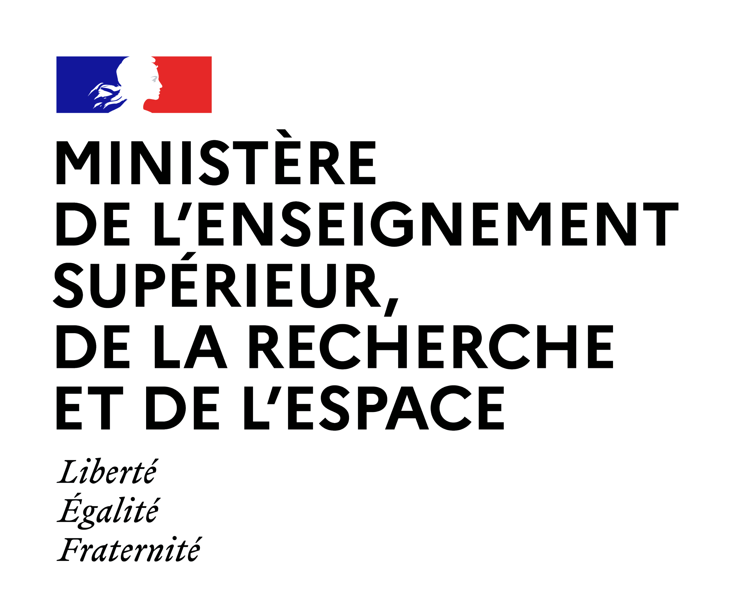Logo du ministère de l'Éducation supérieur de France avec un graphique représentant une silhouette de femme avec un drapeau français en arrière-plan, et le texte en français : "MINISTÈRE DE L'ENSEIGNEMENT SUPÉRIEUR, DE LA RECHERCHE ET DE L'ESPACE" ainsi que les mots "Liberté, Égalité, Fraternité" écrits en italique.