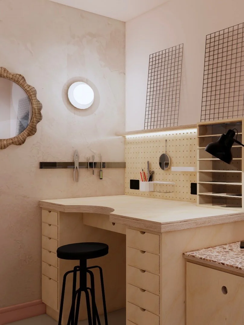 Delighted to have recently completed Phase 1 of our latest commission for the lovely @elixirinteriordesign , based on her original designs for a home office and jewellery workshop in Brighton! 
Photorealistic renders - like those seen here - can be s