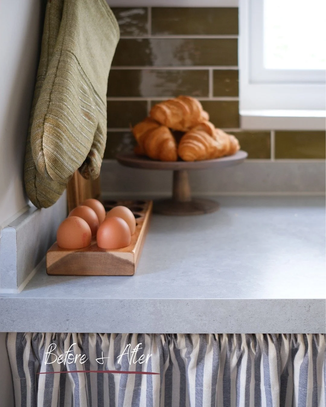 Kitchen renovations don't have to break the bank! Rather than rip-out and replace the newly-fitted-albeit-basic cabinetry of this small apartment, we instead focused on just about everything else. By incorporating cupboard curtains and a tiled splash