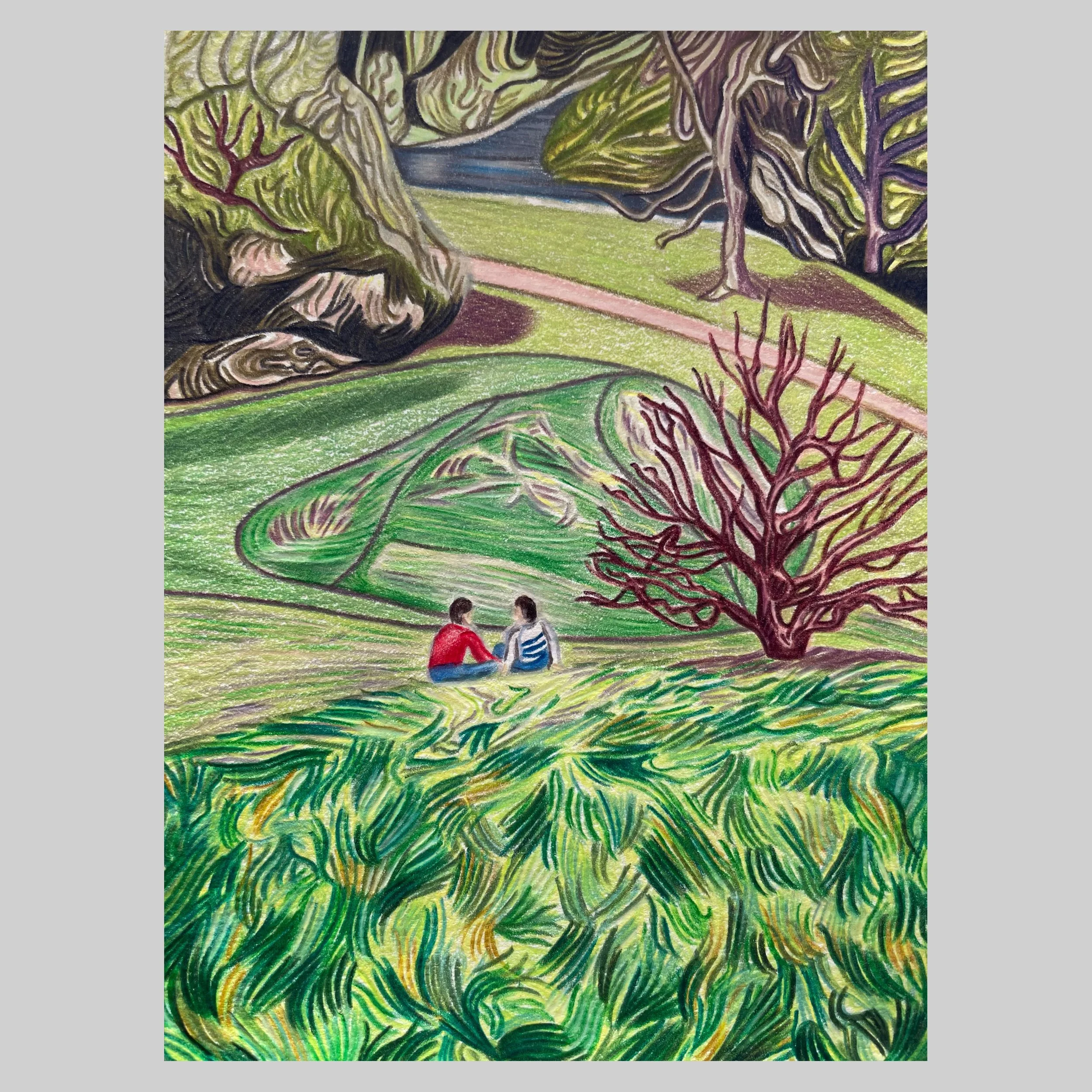 Relaxing afternoon on the Heath, 2023,
Coloured pencil on paper 14.5cm x 11cm