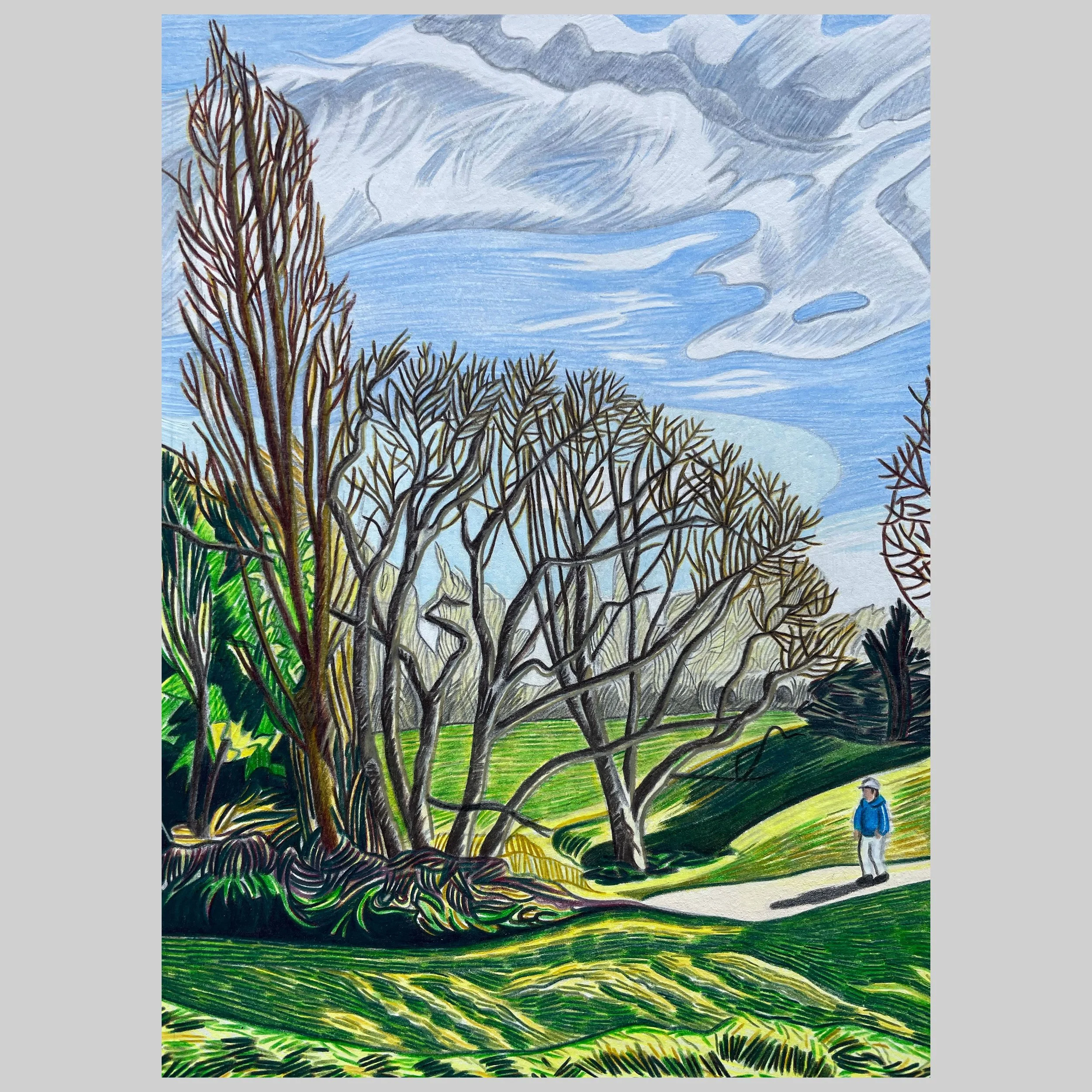 Winter’s day on the Heath, 2025, Coloured pencil, pastel and graphite on paper 21cm x 15cm