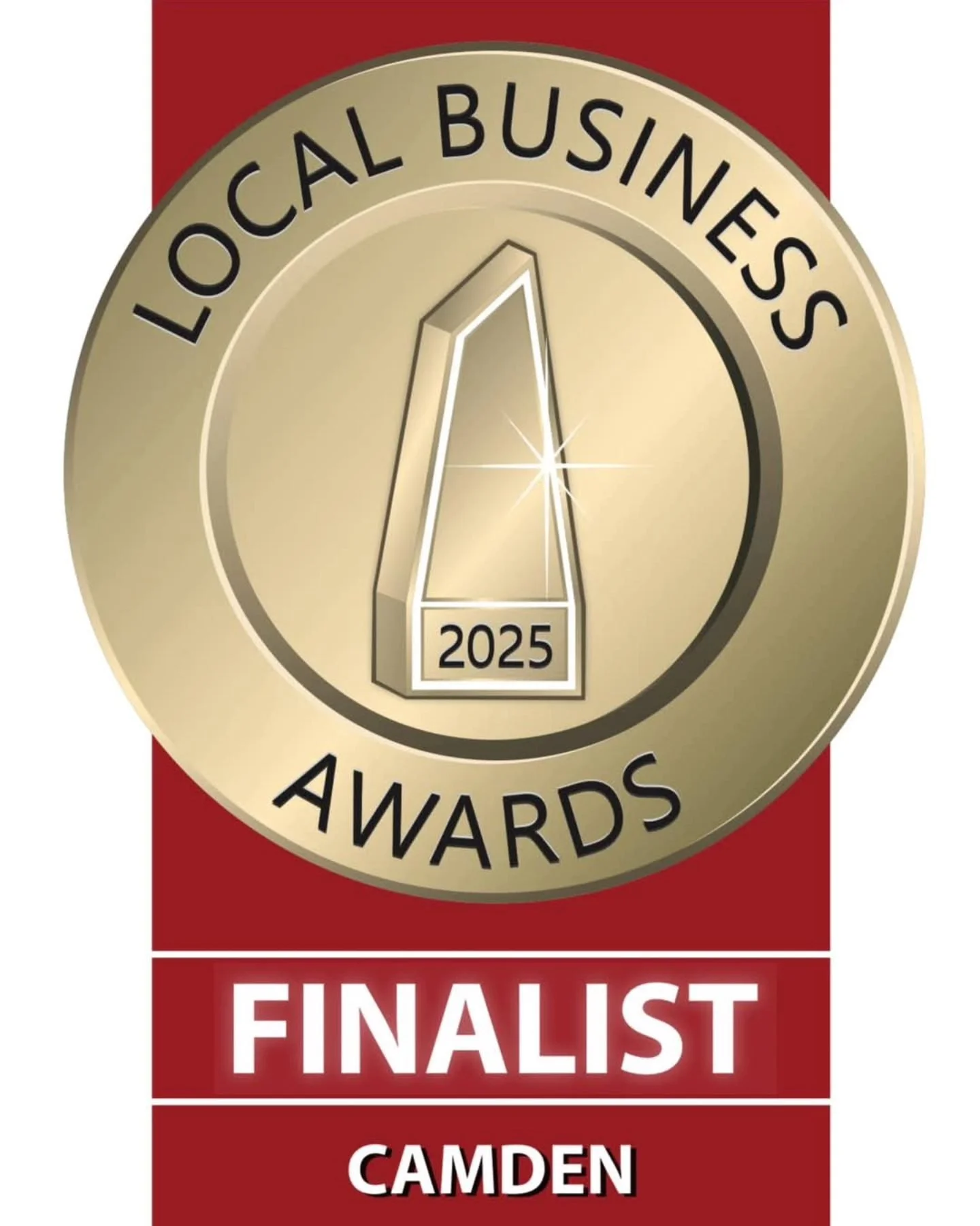 Gold and black Local Business Awards badge with a large number 1, the year 2025, and the word Finalist, with 'Camden' at the bottom on a red background.