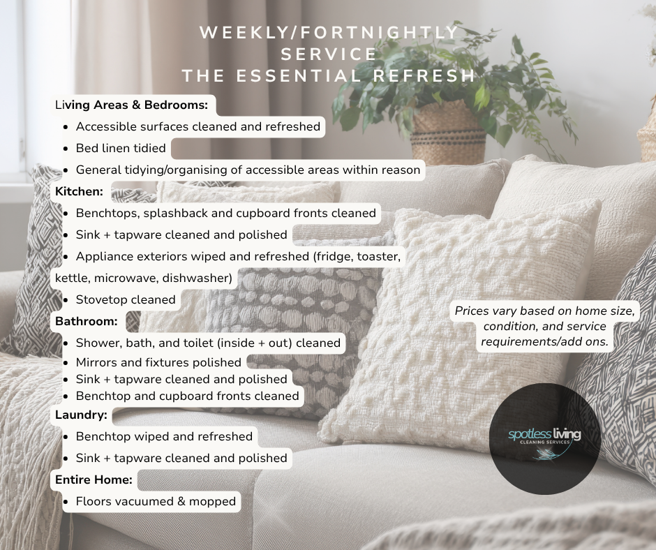 A list of cleaning services offered by Spotless Living Cleaning Services, covering living areas, bedrooms, kitchen, bathroom, laundry, and entire home, with details about specific cleaning tasks. The background shows a cozy sofa with pillows and houseplants.