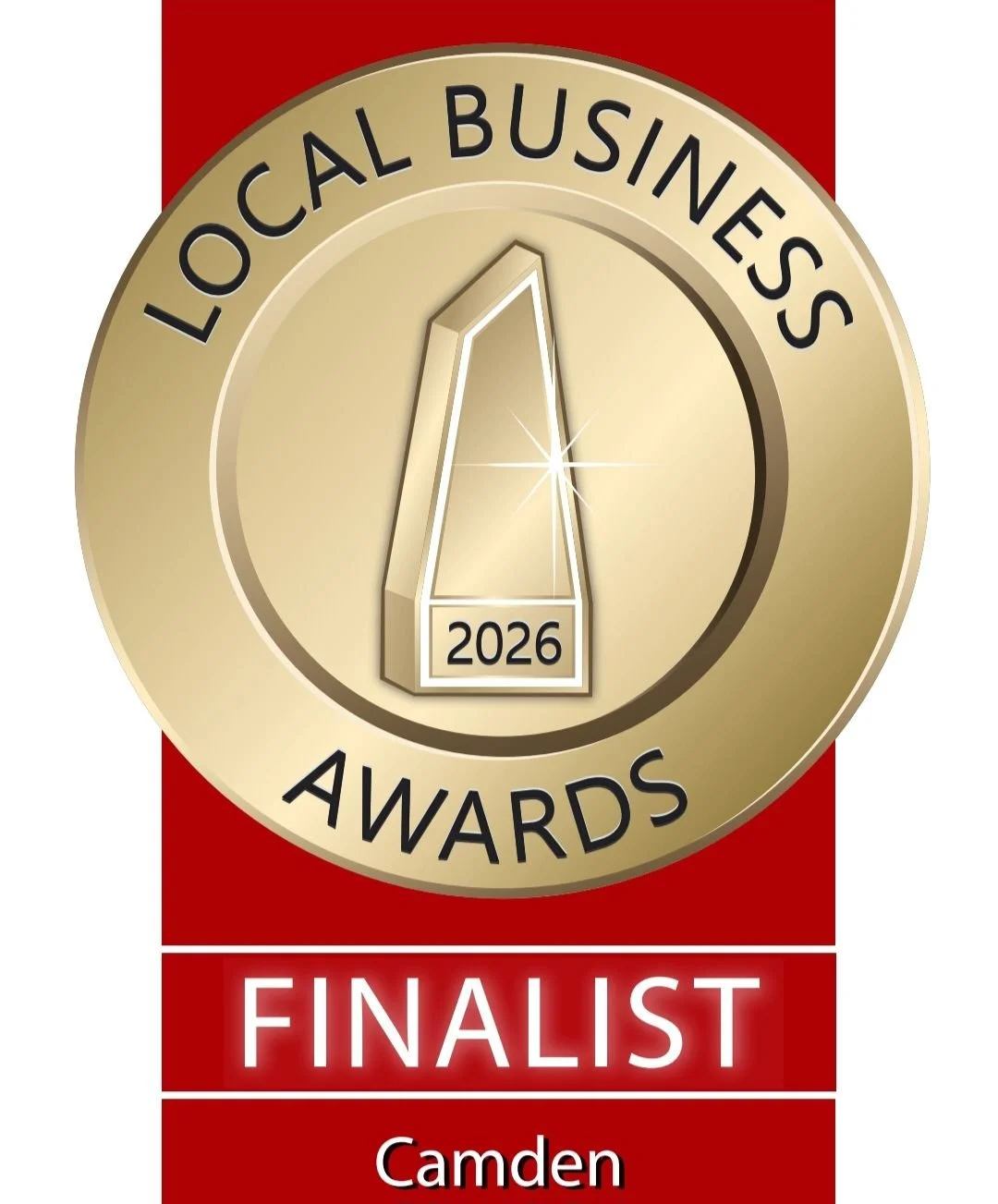 Gold and red logo for Local Business Awards 2026, featuring a stylized award trophy with the year 2026 inside, and the words 'FINALIST' and 'Camden' below.