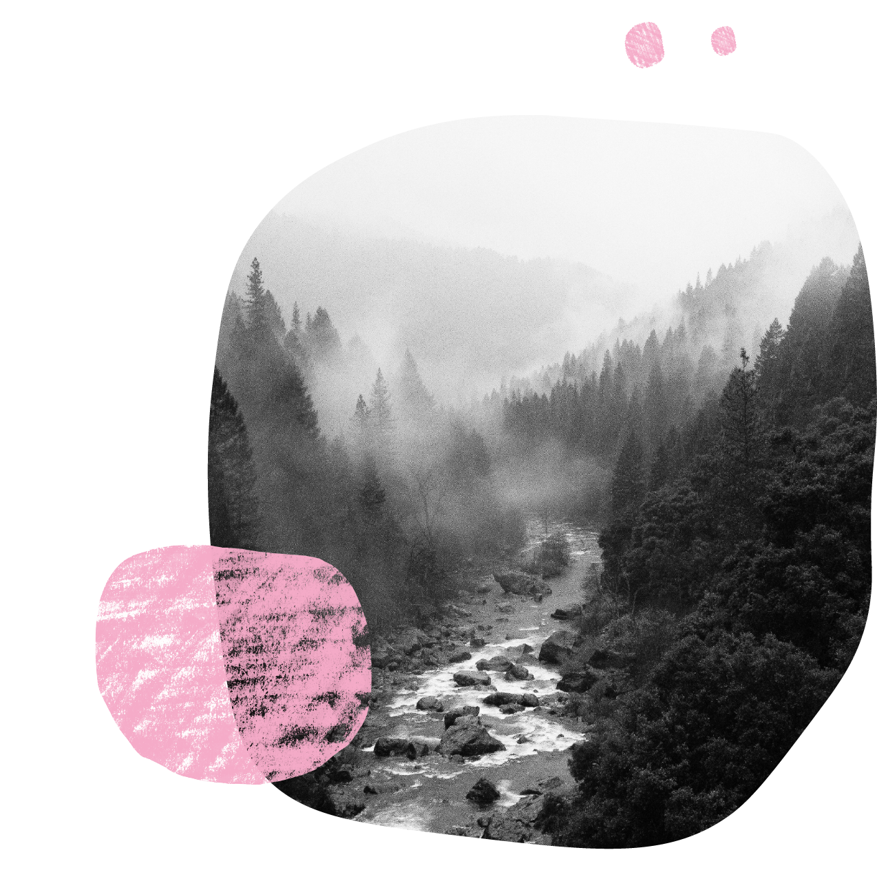 Paisaje de un río rodeado de árboles de montaña con niebla y fondo de picos montañosos.