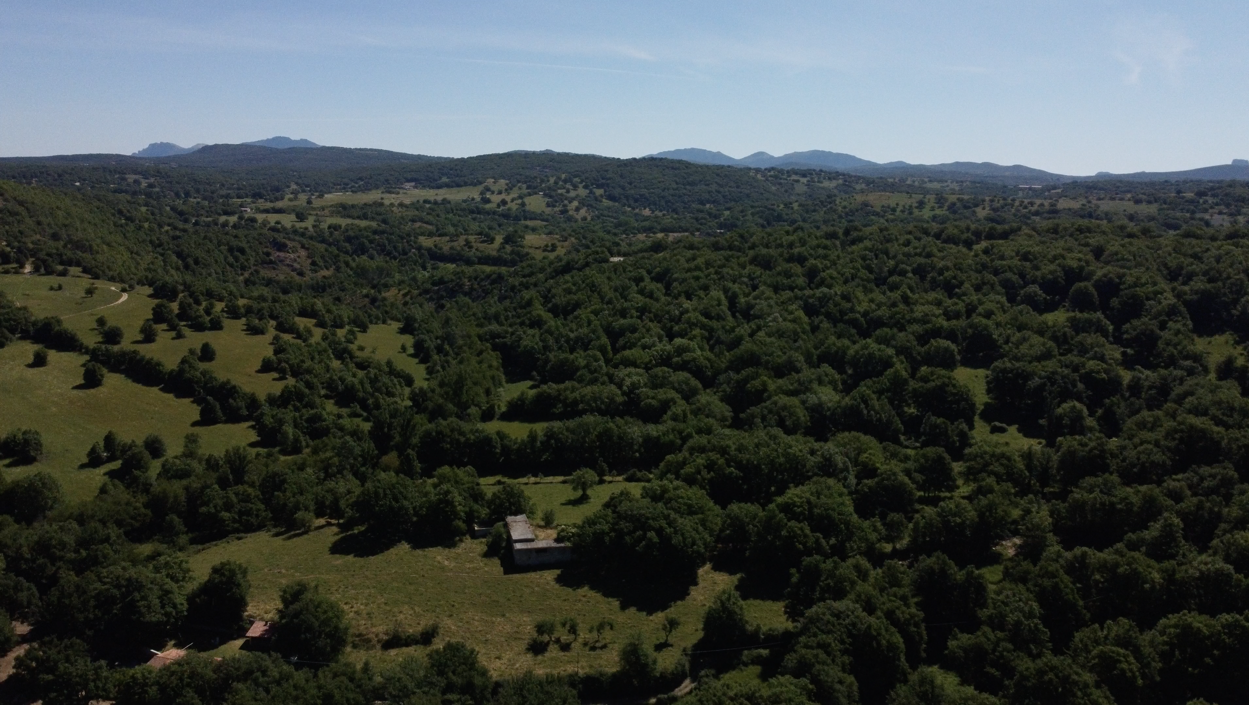 Paesaggio naturale con colline verdi, boschi e alcuni edifici sparsamente distribuiti, sotto un cielo azzurro.