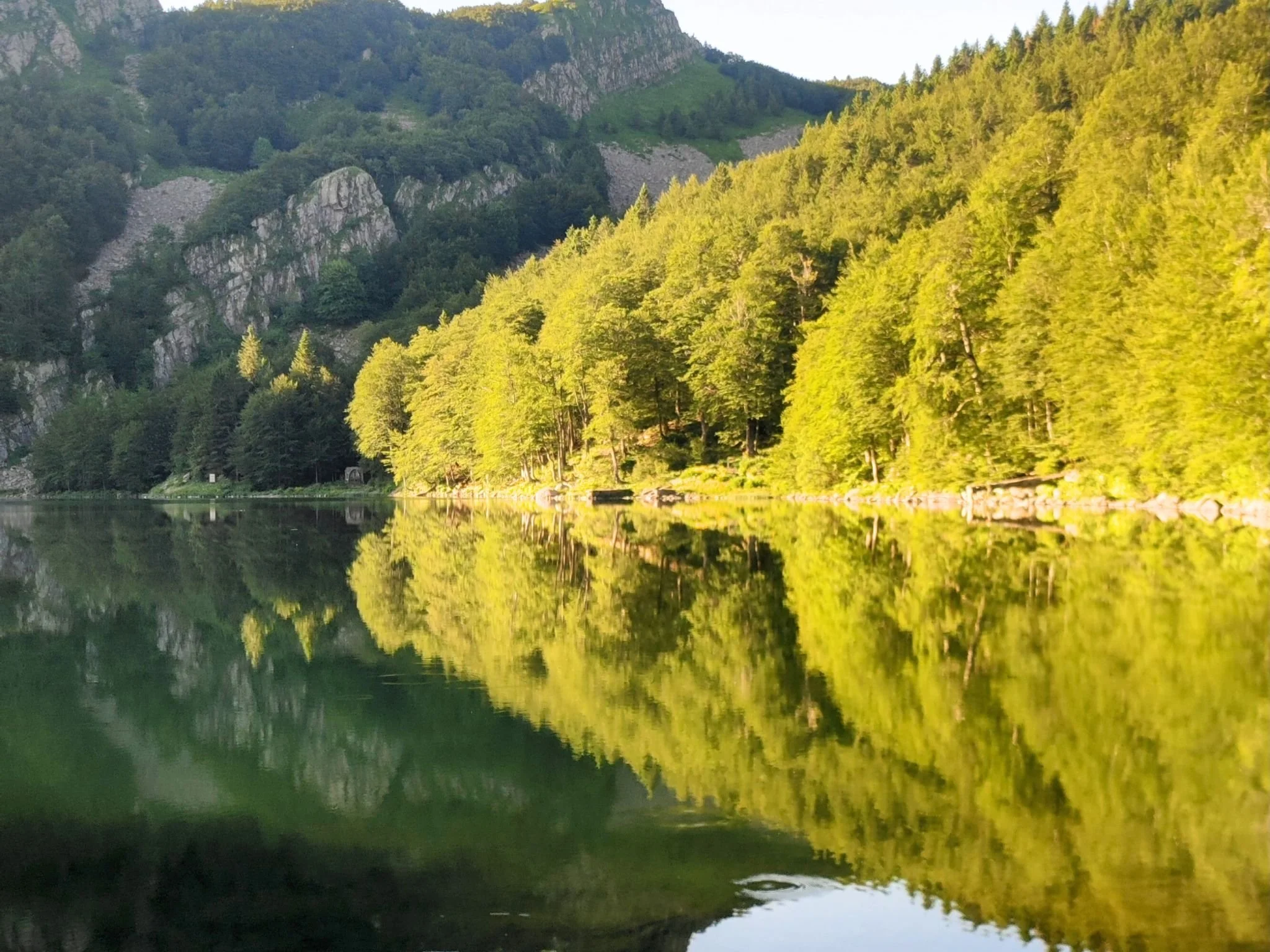 Veduta del Lago Santo Parmense nel Parco dei 100 Laghi, con il bosco sullo sfondo, nell’Appennino Parmense