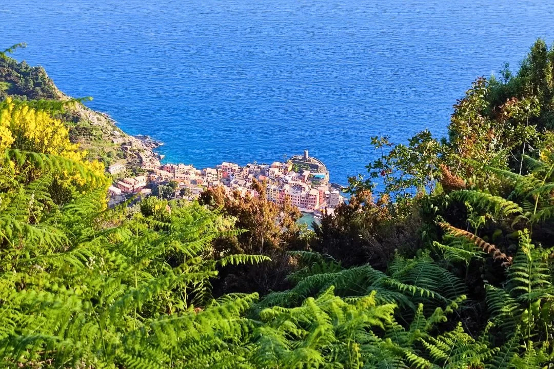 Vernazza vista in lontananza lungo il cammino in Liguria nelle Cinque Terre