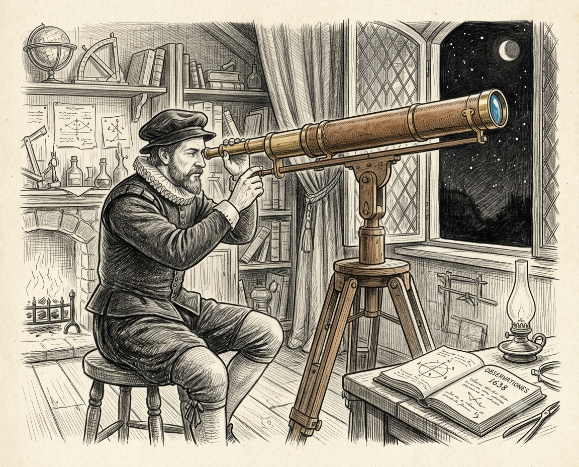 A 17th-century astronomer observing the night sky through an early brass and glass telescope, the same lens technology that let Galileo discover the moons of Jupiter