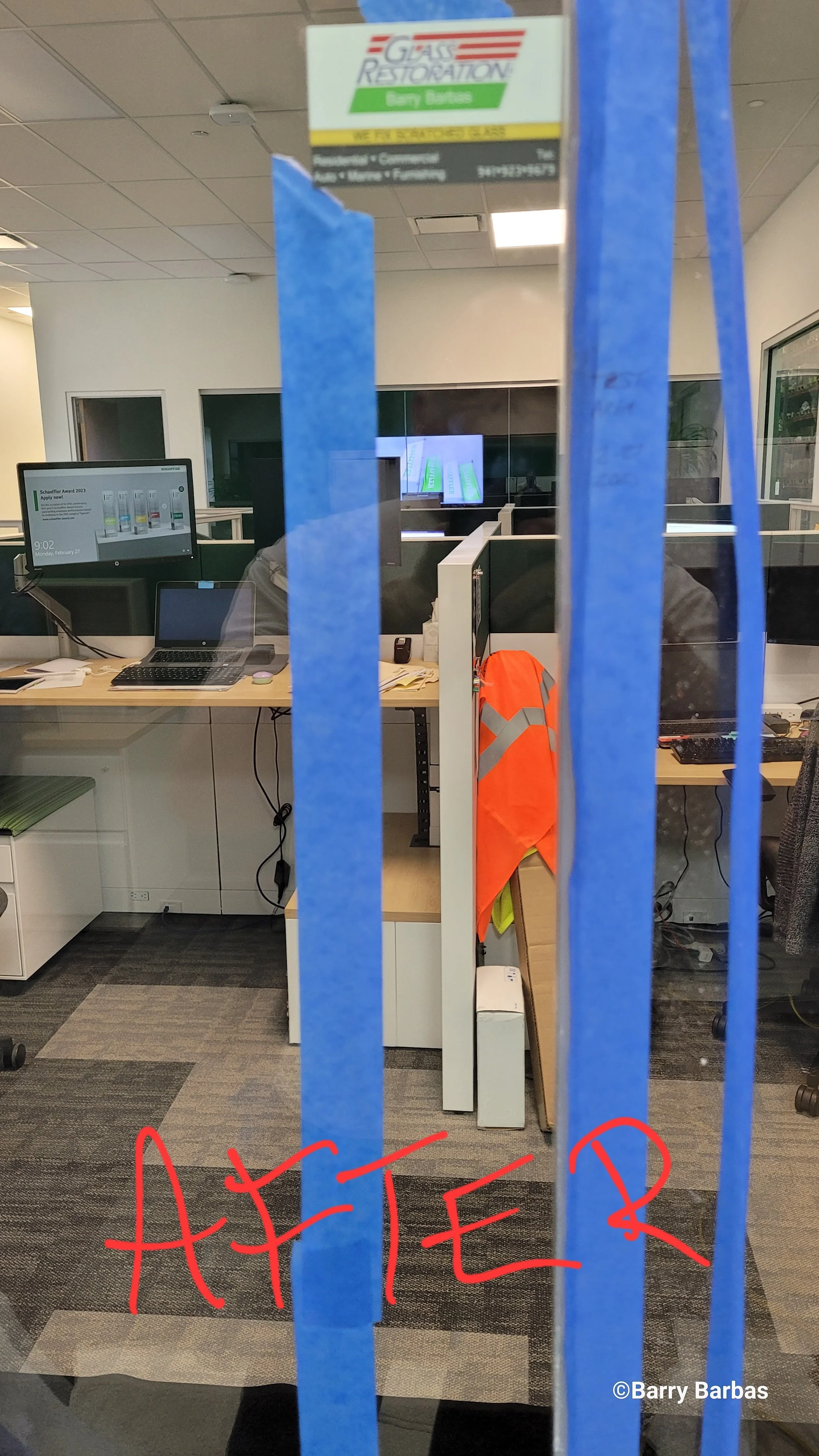 Office partition scracthed glass photo after restoration by Glass Restoration, Inc.