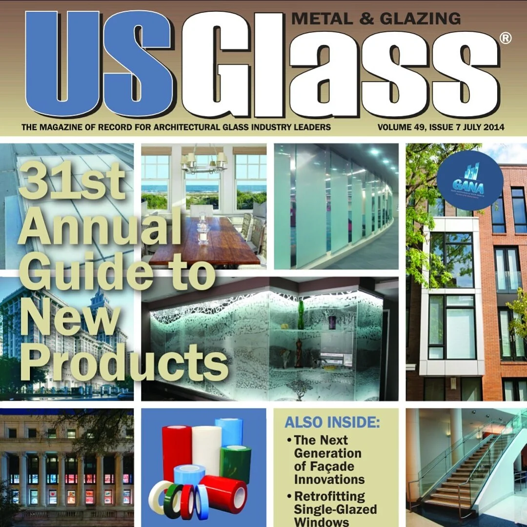 USGlass Magazine July 2014 cover — Glass Restoration Inc. featured in the national glass industry trade publication serving glazing contractors architects and construction professionals across the United States