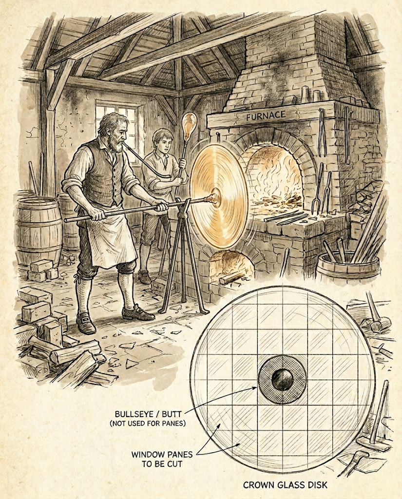 Pencil-style illustration of a glassblower spinning molten glass into a flat disc using a pontil rod, the historical technique used to produce crown glass window panes.
