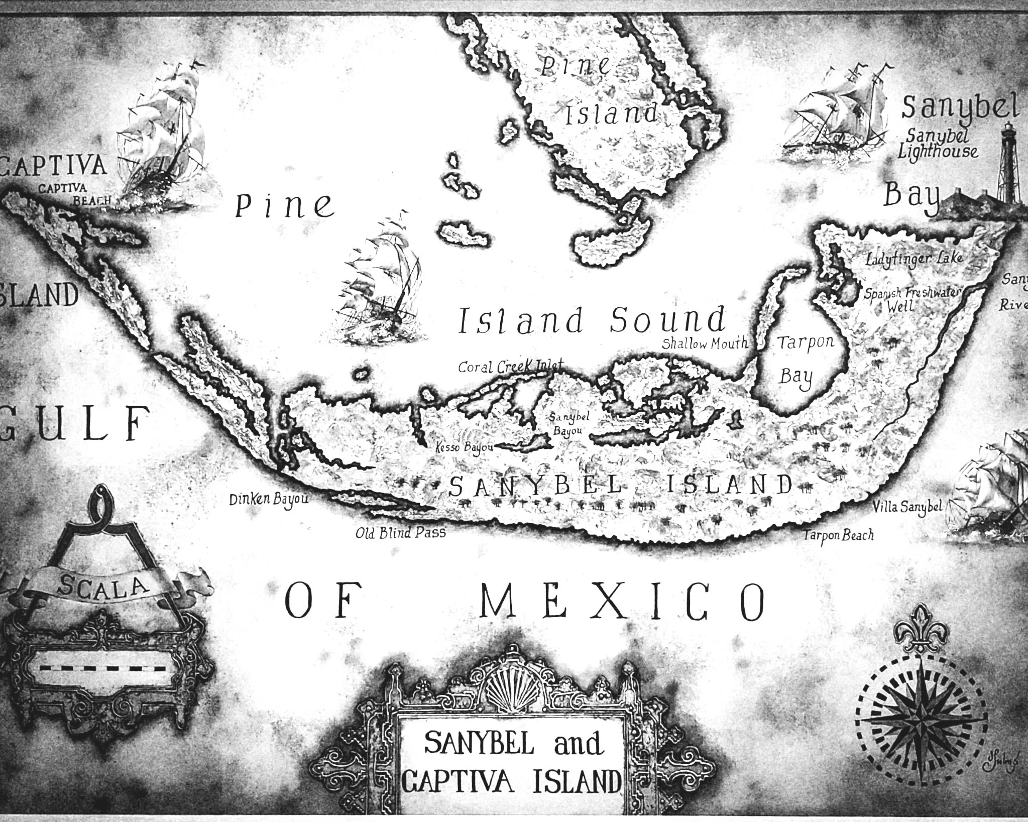 Map showing details of Sanybel and Captiua islands in Mexico, including Sanybel Lighthouse, Ladyfenger Lake, and Tarpon Bay.