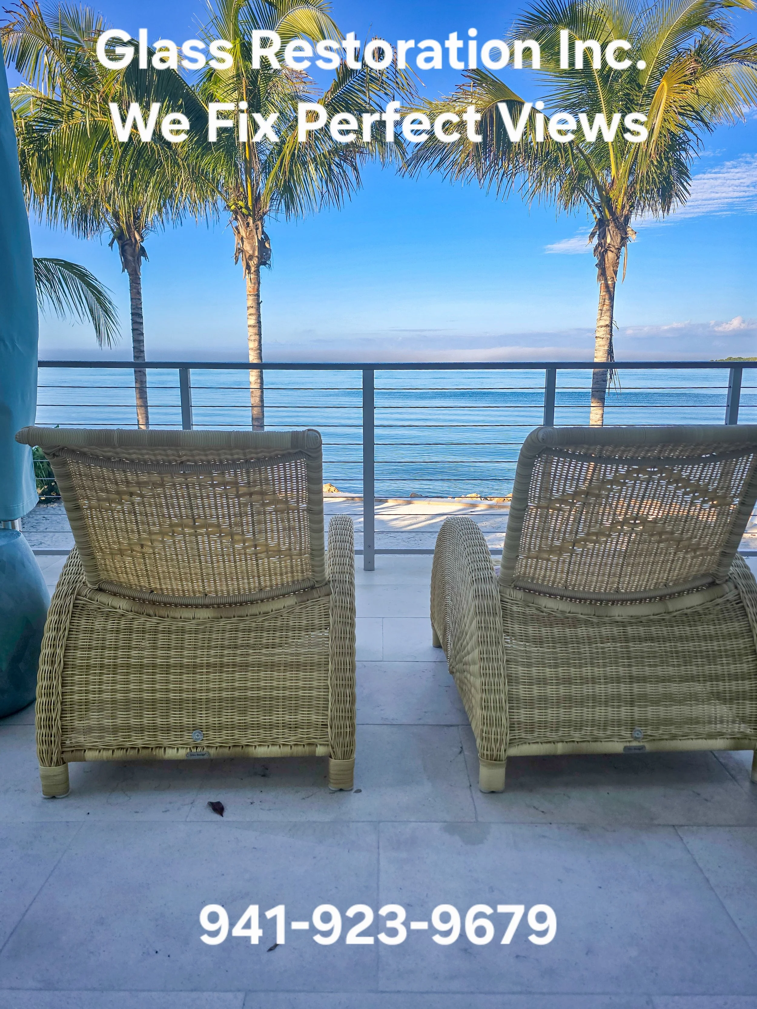 Restored glass railing framing a Gulf of Mexico view through palm trees on Holmes Beach — Glass Restoration Inc. the glass restoration specialists for salt air mineral deposit removal