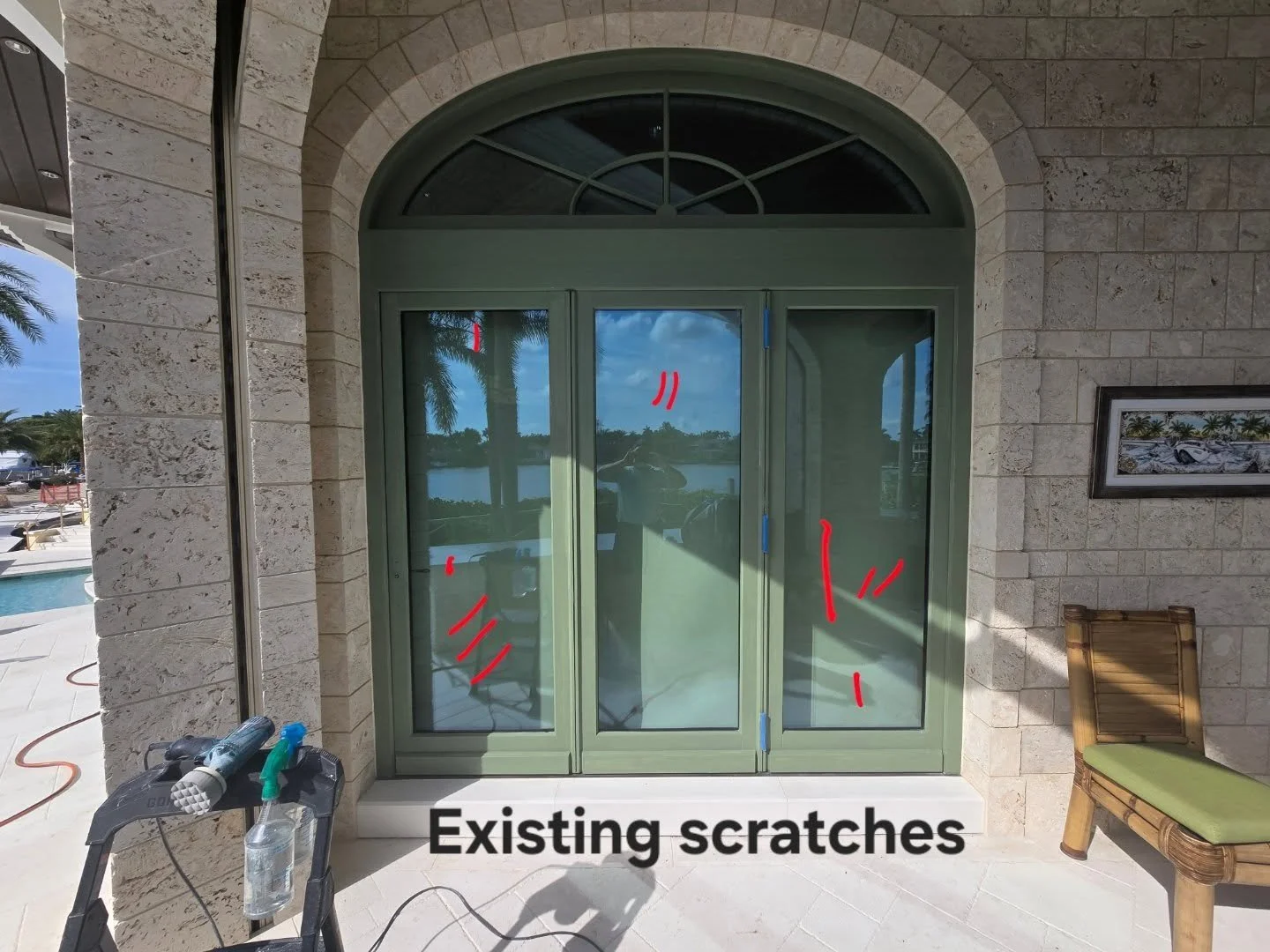 Mapping the scratches in this Port Royal estate home. 20 door sets just like this one, with the back dock on Rookery Bay. This is where Artisan Quality work is the only type of work acceptable. That's exactly why we get the call. #WeFixScratchedGlass