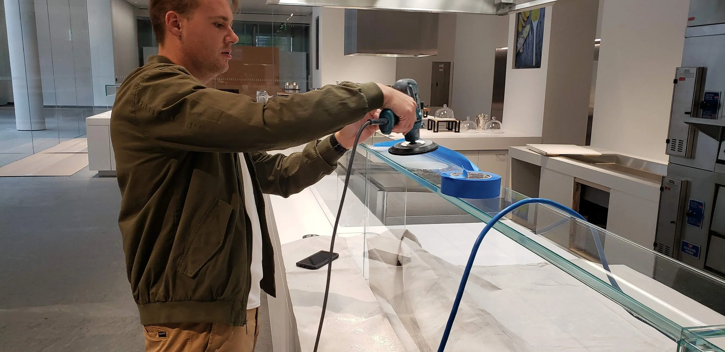 Food Service glass scratch repair in progress, Cleveland Clinic, Cleveland Ohio