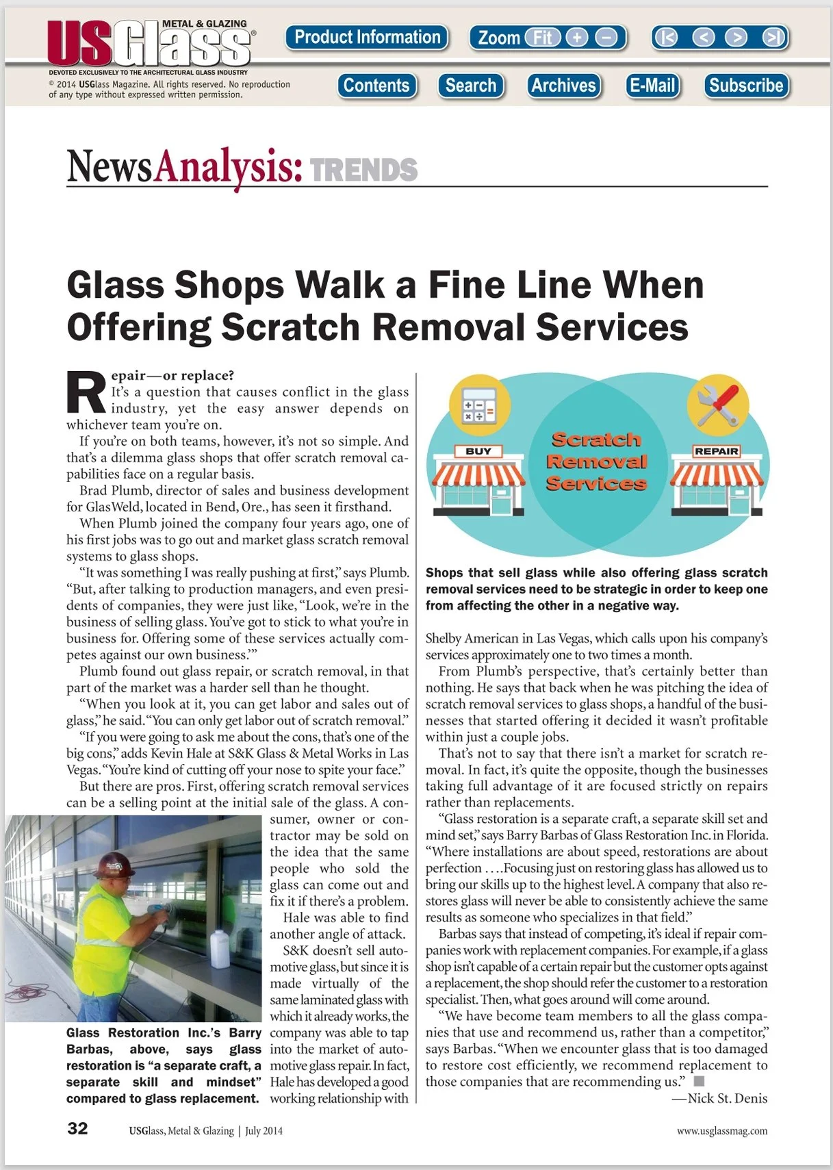 US Glass Magazine article "Glass shops walk a fine line when offering scratch removal services" — distinguishing specialists like Glass Restoration Inc. from production glass shops