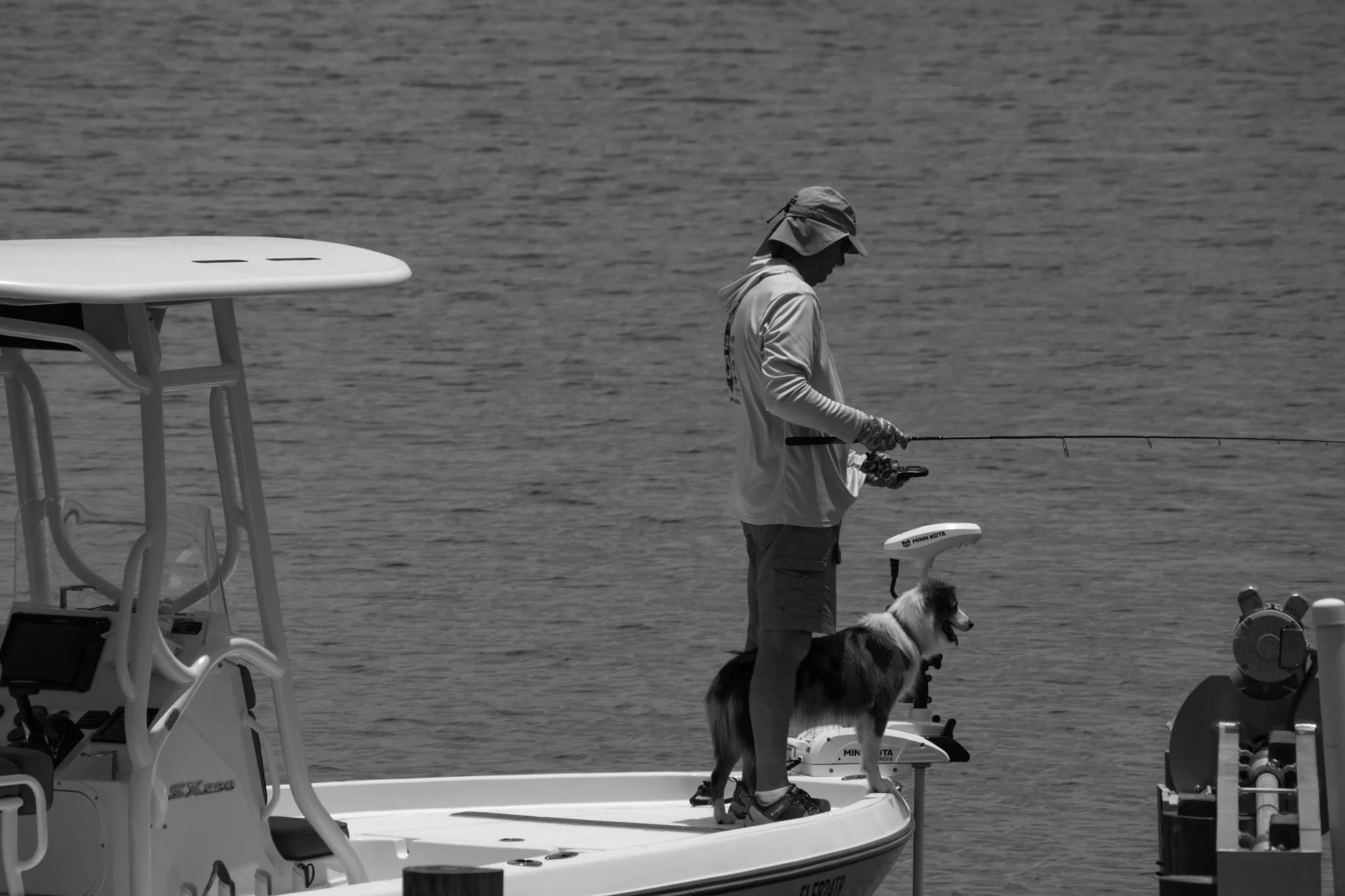 A dog joining its owner for a fishing trip on a boat; representing the active lifestyle and pet companionship of Florida homeowners who utilize our glass restoration services.