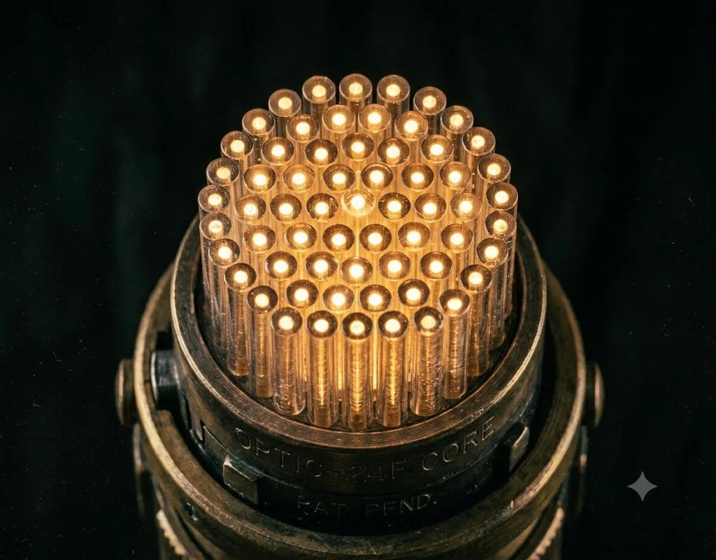 The cut end of a fiber optic cable glowing with transmitted light, the same optical clarity principle from early glass lenses carrying data at the speed of light