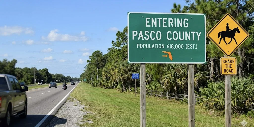 A roadside green DOT-style 'Entering Pasco County' sign alongside a yellow diamond-shaped horse and rider warning sign on a sunny Florida highway, representing the expansion of service areas into Wesley Chapel and Land O' Lakes.