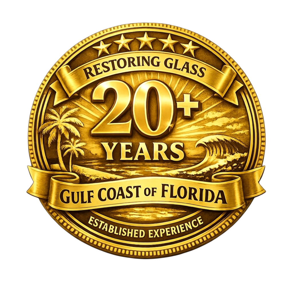 Glass Restoration Inc. 20 year anniversary gold seal — artisan glass scratch repair and restoration serving Sarasota County since 2005