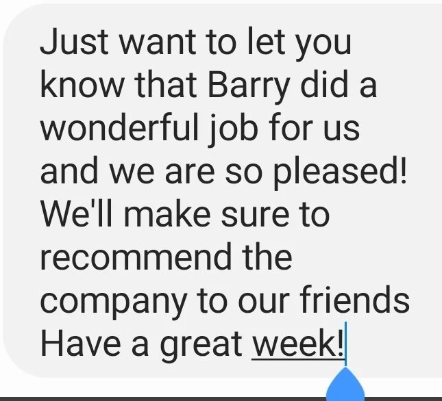 Client email testimonial for Glass Restoration Inc. — "Barry did a wonderful job for us and we are so pleased" — Sarasota FL glass restoration specialists