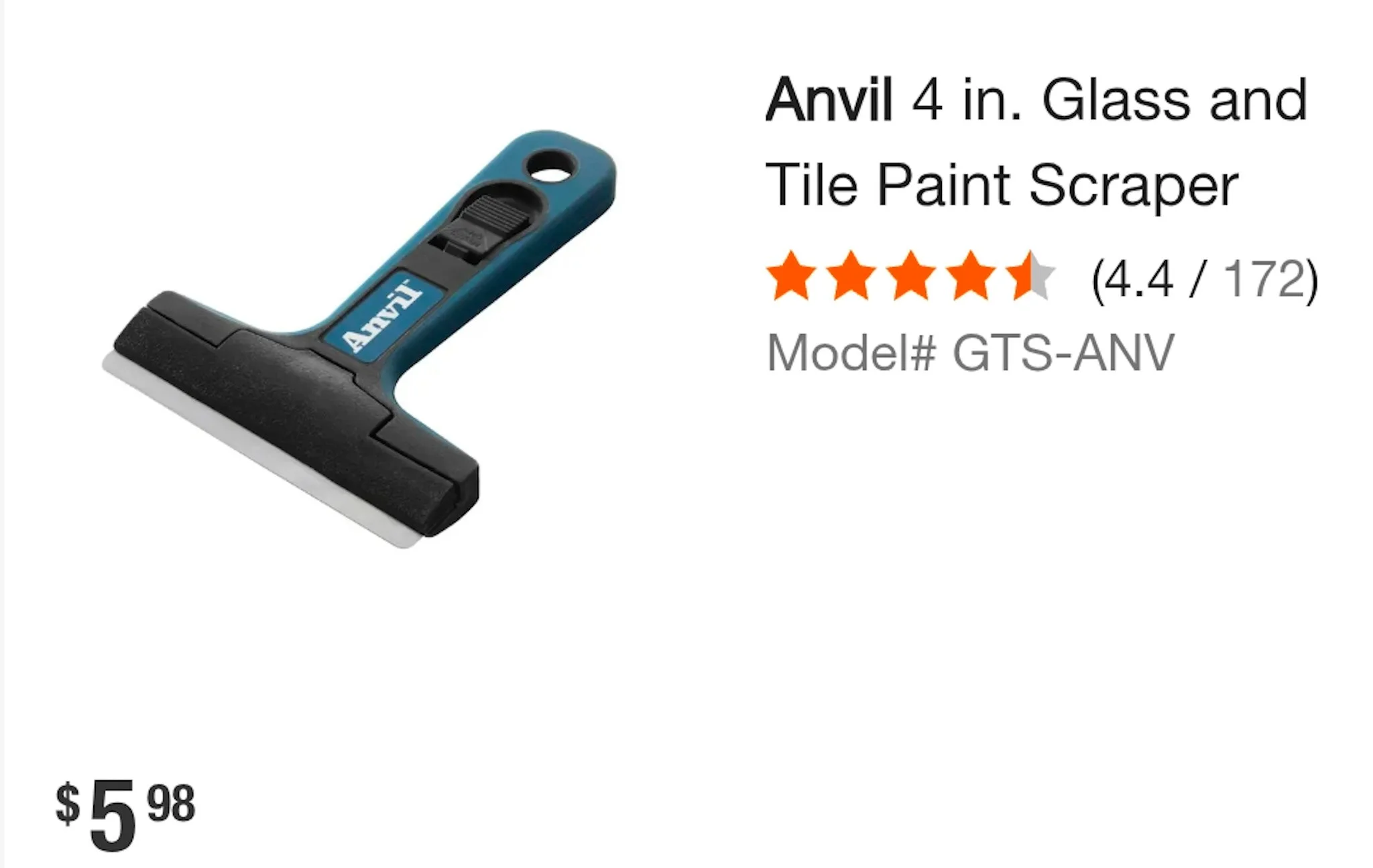 A screenshot of an online retailer's product page, listing a 4-inch glass scraper for $5.98. This tool is marketed for window cleaning, despite warnings from glass manufacturers that scrapers cause permanent damage.