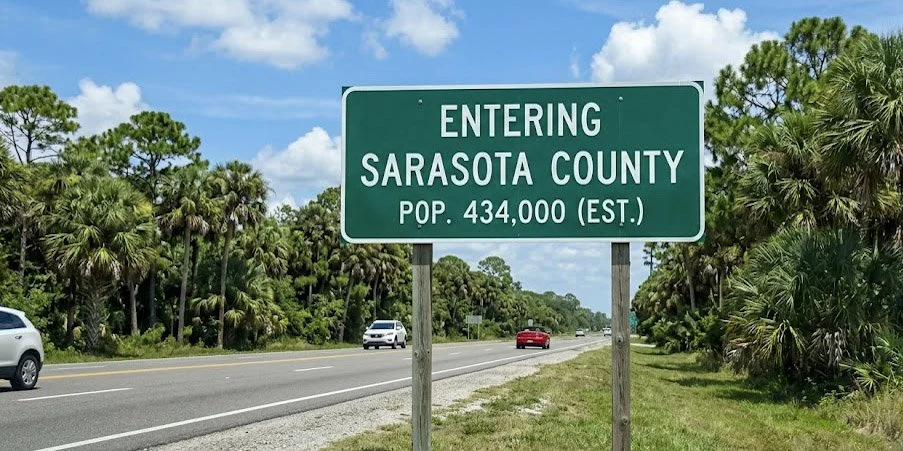 Entering Sarasota County Florida sign — Glass Restoration Inc. provides artisan glass scratch repair and mineral deposit removal throughout Sarasota County FL