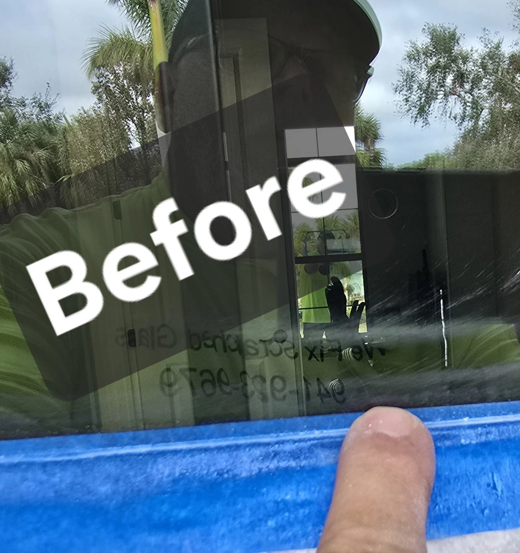 Before and After scratch at edge of glass. Before