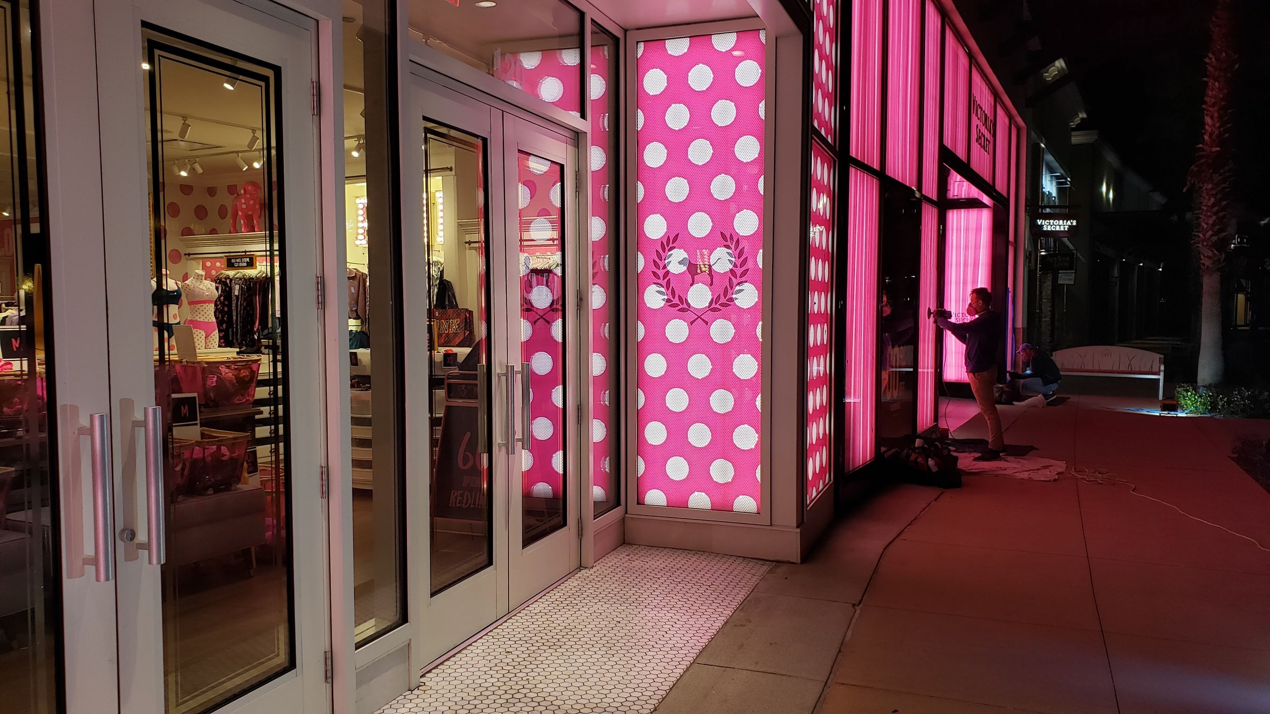 Glass Restoration Inc. after-hours commercial glass restoration at Victoria's Secret Wesley Chapel — storefront glass polishing specialists serving Florida Gulf Coast