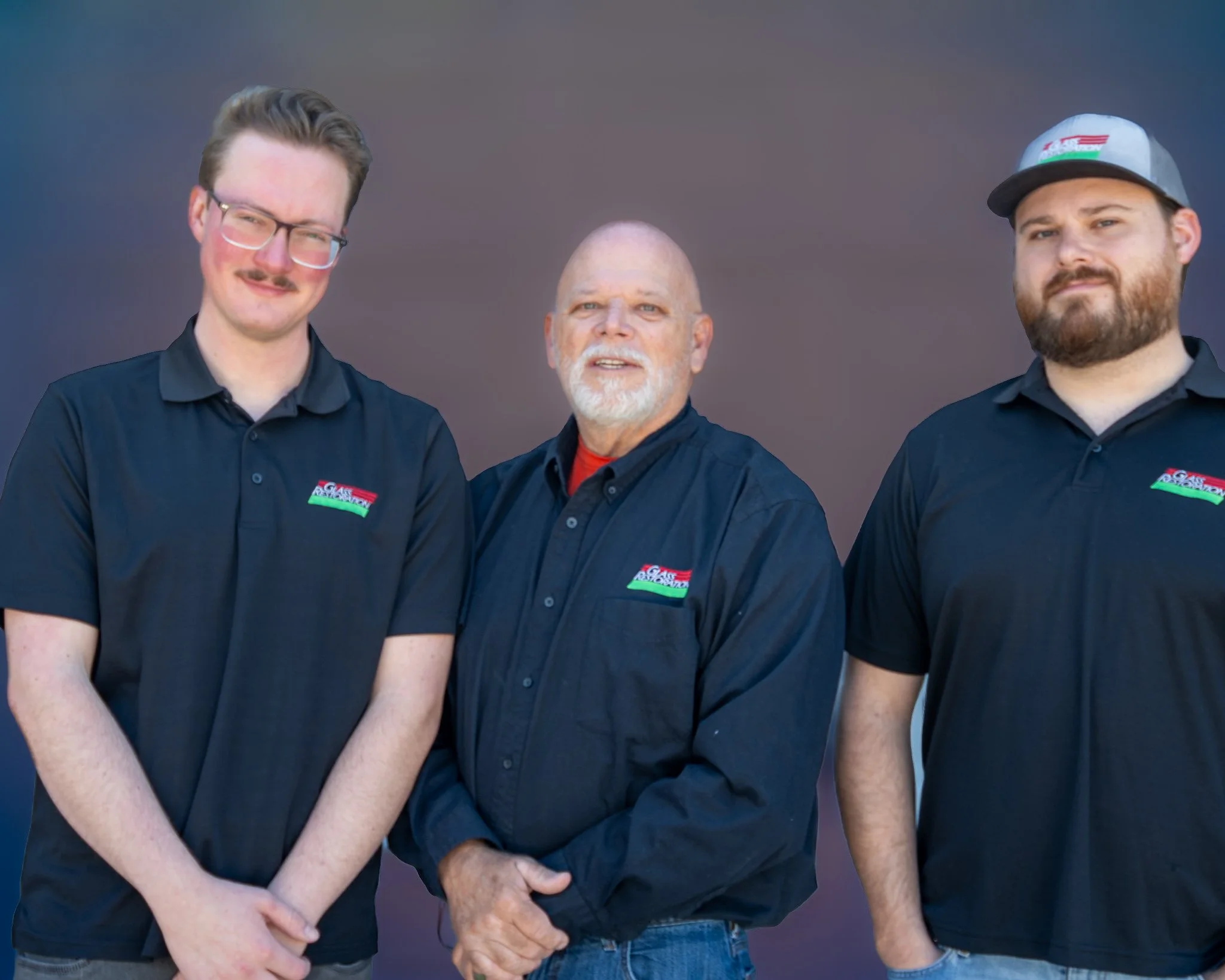 The Scratched Glass Repair Crew. Estimator and VP Skyeler Schmidt, Former President, not Secretary and Treasurer, Barry Barbas, and President, Stanton Barbas.