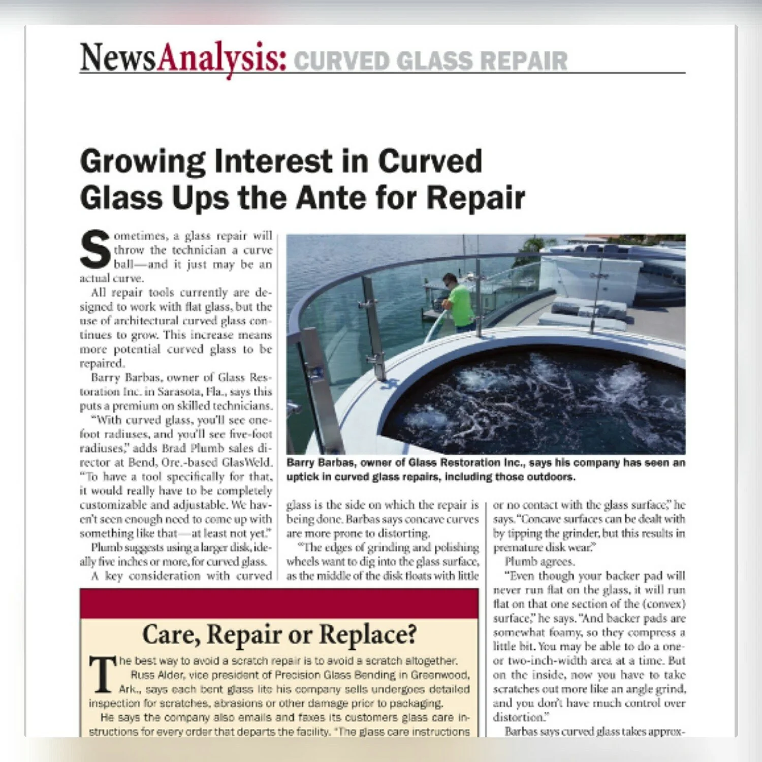 USGlass Magazine curved glass restoration article featuring Glass Restoration Inc. — national trade publication recognition for specialty architectural glass expertise serving Sarasota FL and the Florida Gulf Coast