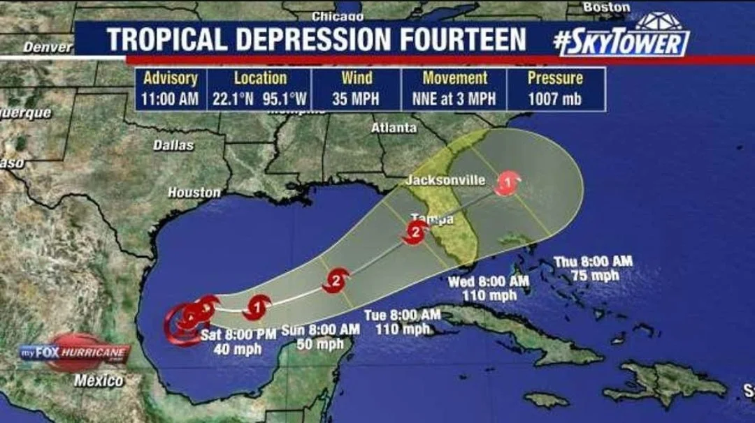 TV broadcast screenshot showing tropical storm track heading directly for Fort Myers FL — Glass Restoration Inc. provides hurricane damage glass assessment and restoration for Lee County homeowners and condominium associations after storm damage