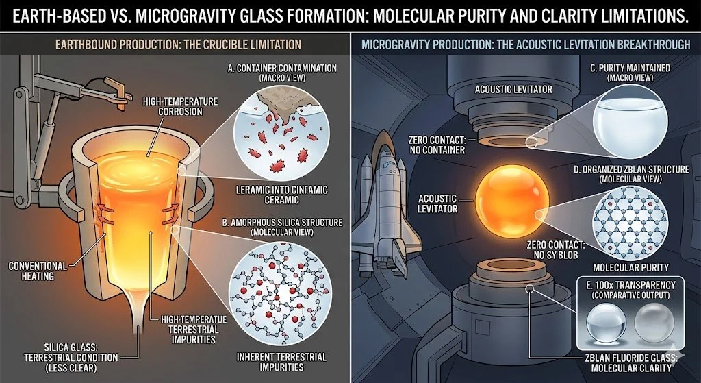 Diagram comparing Earth-based glass production vs NASA microgravity ZBLAN glass.