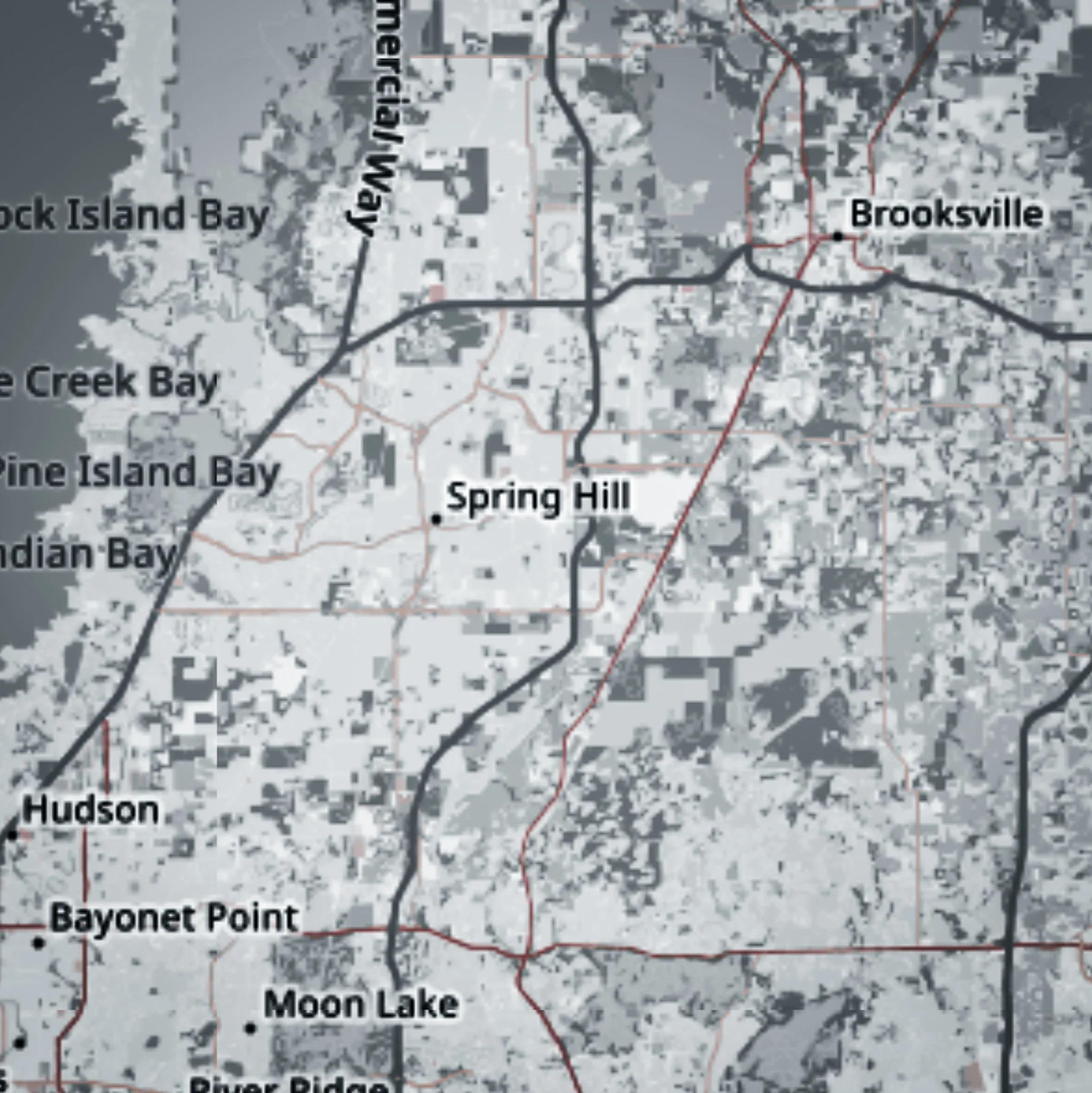 Map view of Spring Hill FL with Brooksville in the upper right and Bayonet Point in the lower left — Glass Restoration Inc. serves the entire Hernando County area including all surrounding communities