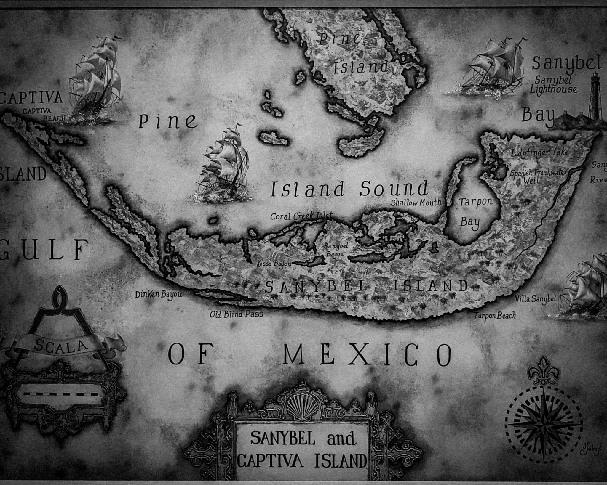 A monochrome photograph of an old mariner's chart of Sanibel Island, representing Glass Restoration Inc.'s technical expertise in navigating the complex environmental challenges of barrier island glass preservation.