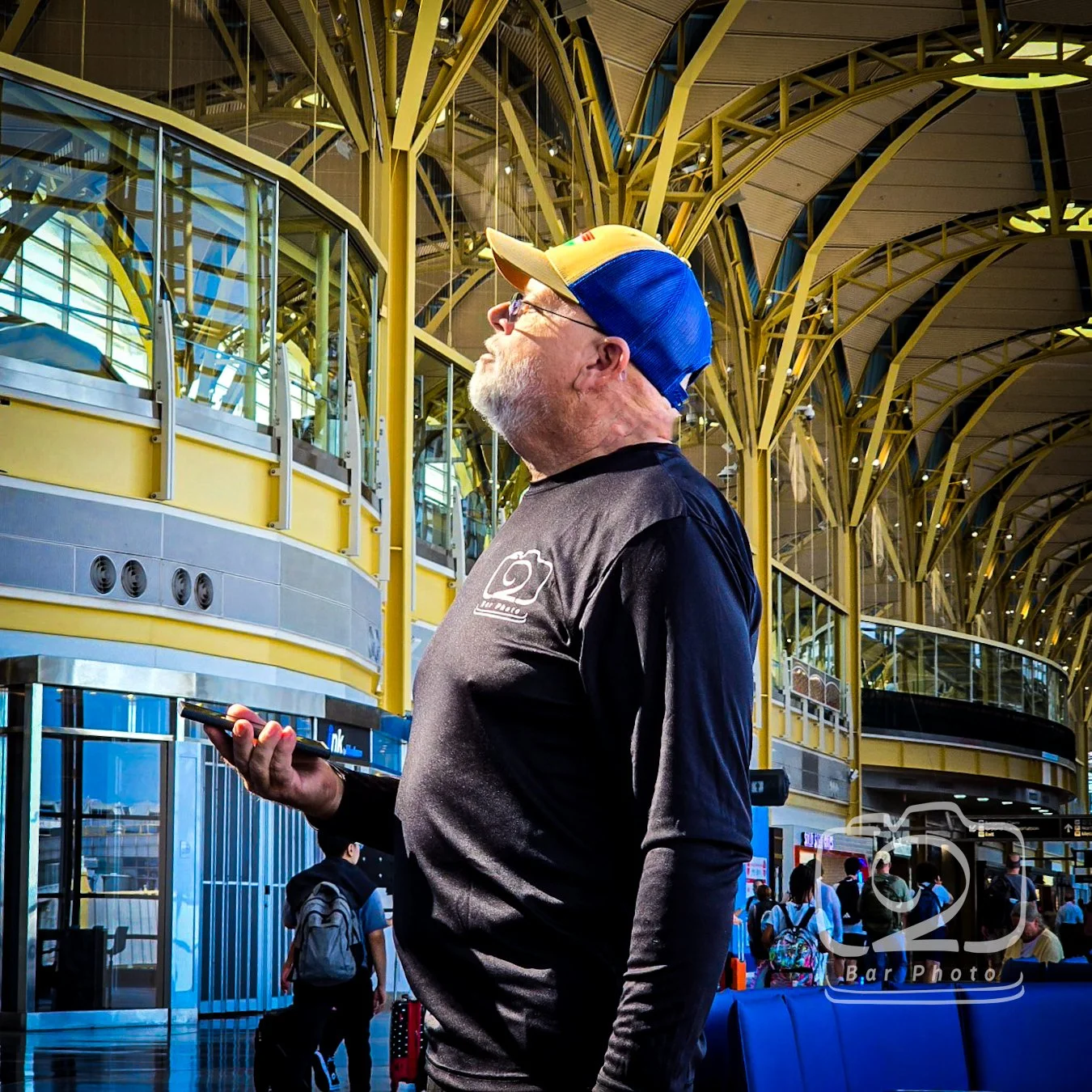Airport terminal glass and gold arch architecture at Ronald Reagan Washington National Airport