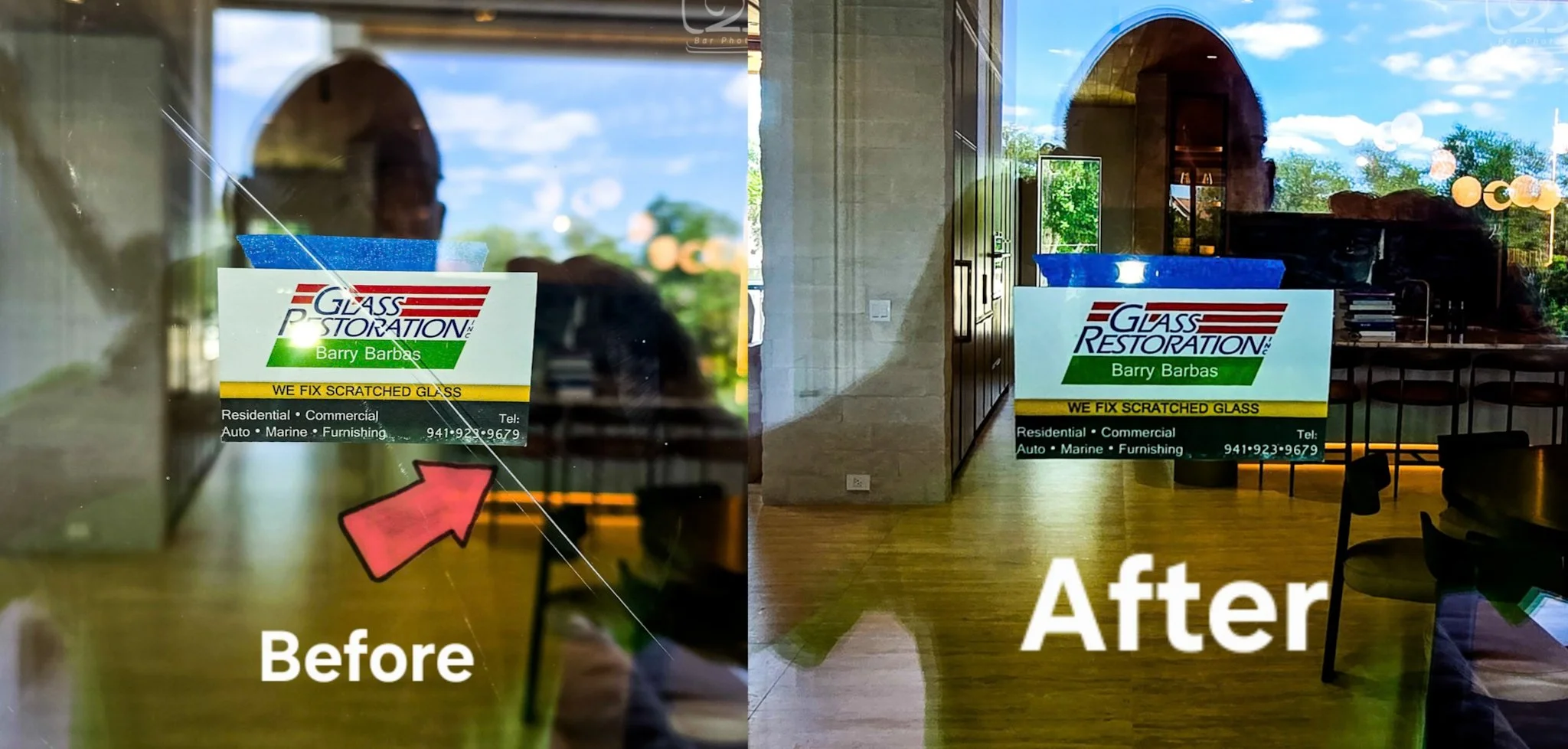 Impact-rated sliding glass door restoration: 14-inch scratch removed, saving the homeowner over $4,600 compared to full door replacement.