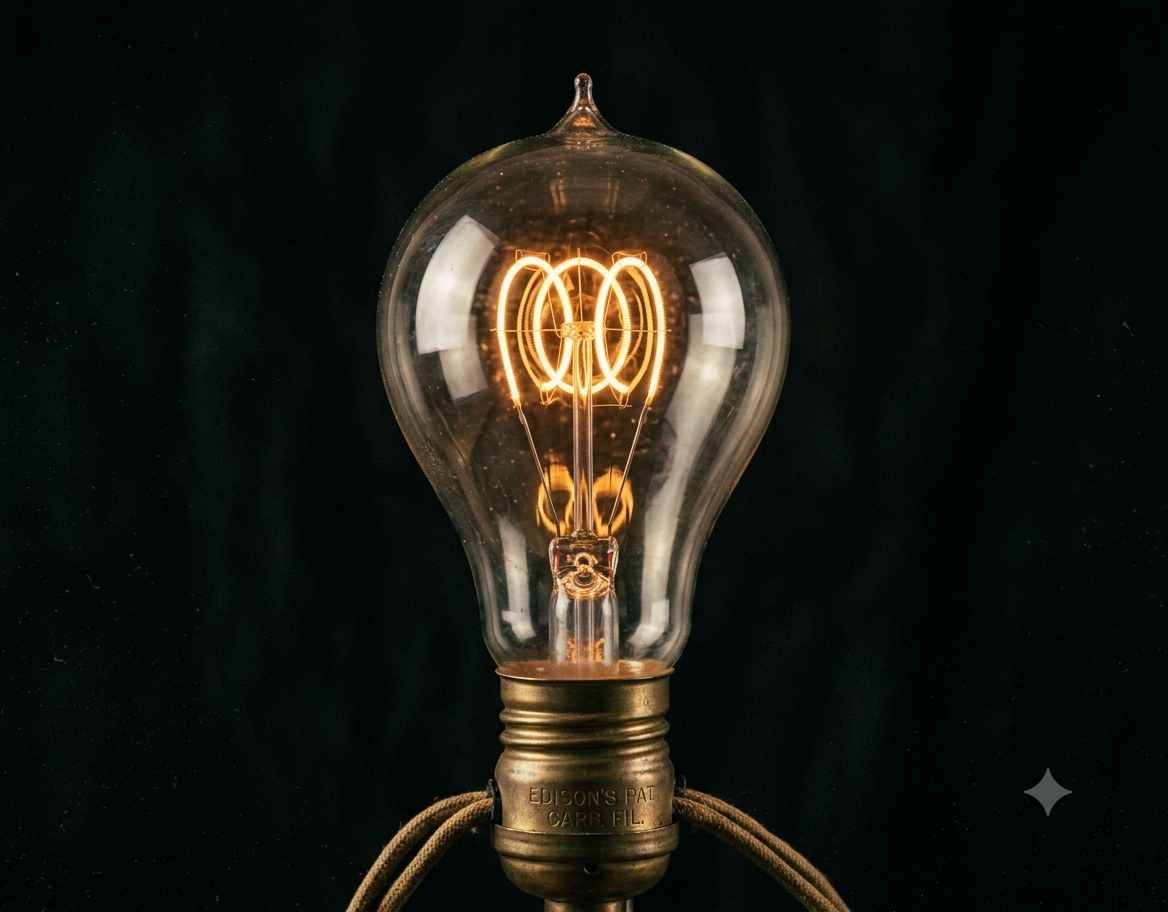 An early Edison-style carbon filament light bulb, its hand-blown glass envelope holding the vacuum that keeps the filament from burning up