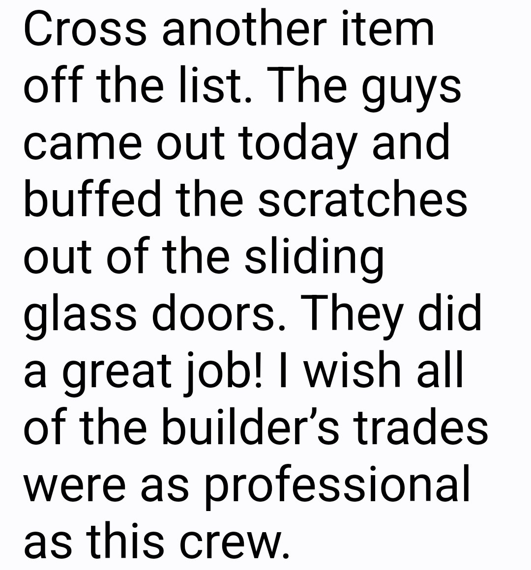 Screenshot of a text message from a builder praising Glass Restoration Inc. for professionally buffing scratches out of a sliding glass door — calling the crew the most professional trades on the job site