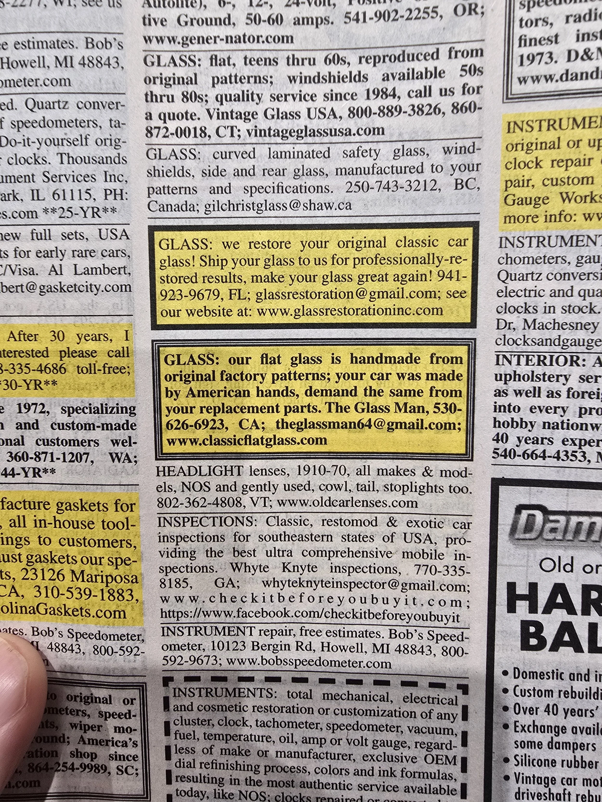 See our Classic car glass add in Hemmings Motor News each month.